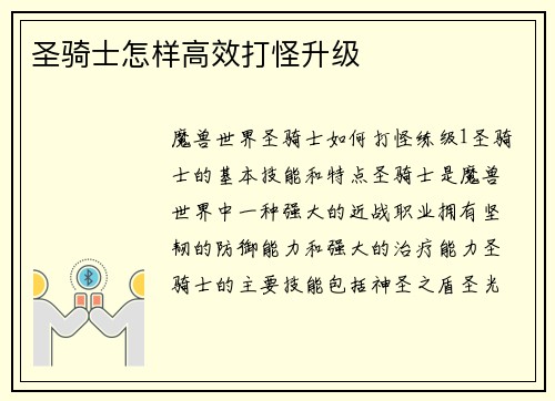 圣骑士怎样高效打怪升级